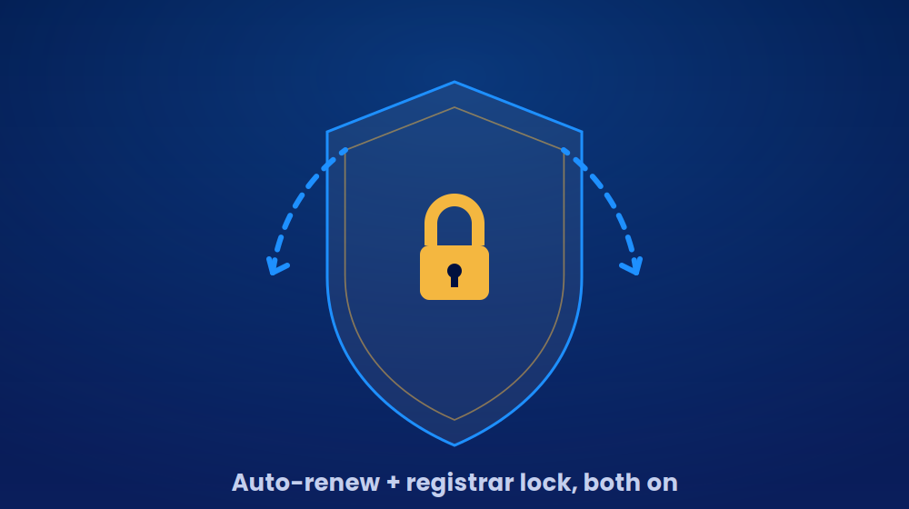 Illustration of a shield with a lock, representing domain auto-renew and registrar lock protection